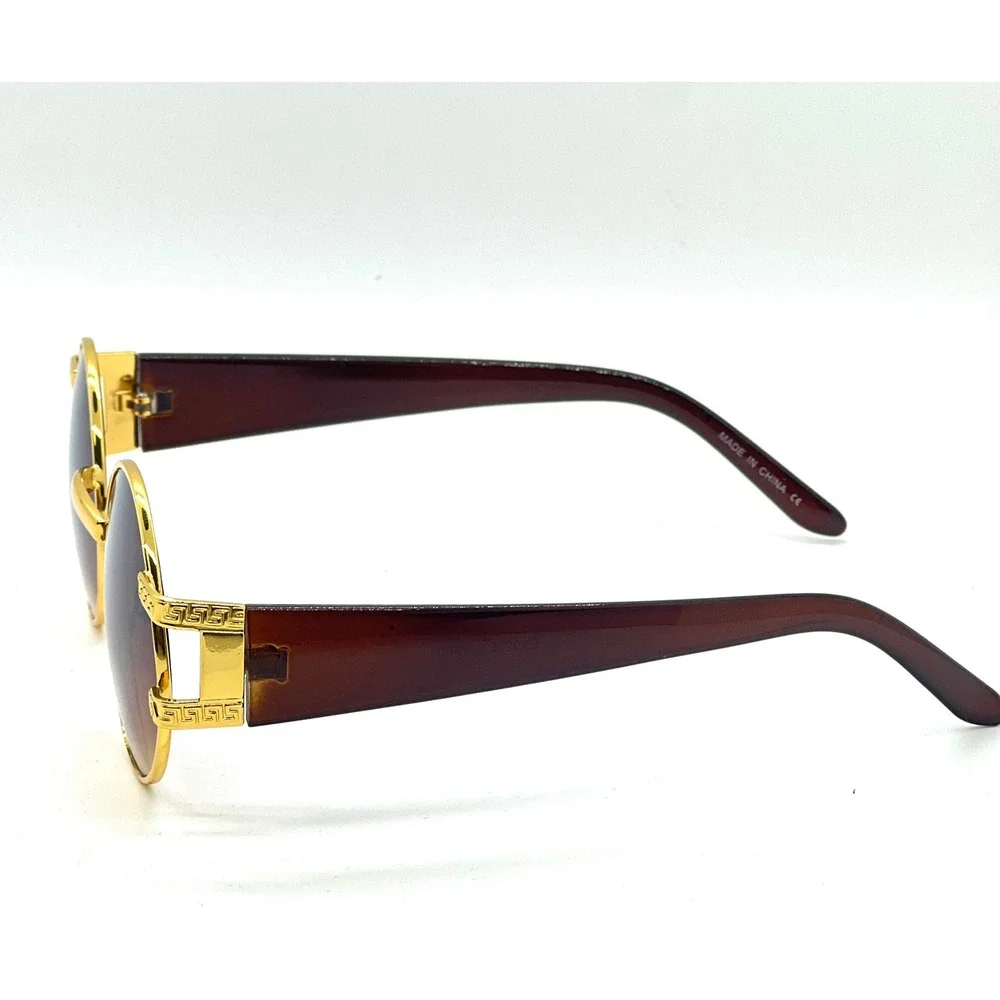 Round Sunglasses Gold Frame Brown Lens Greek Key Accents Men Hip Hop Street Wear